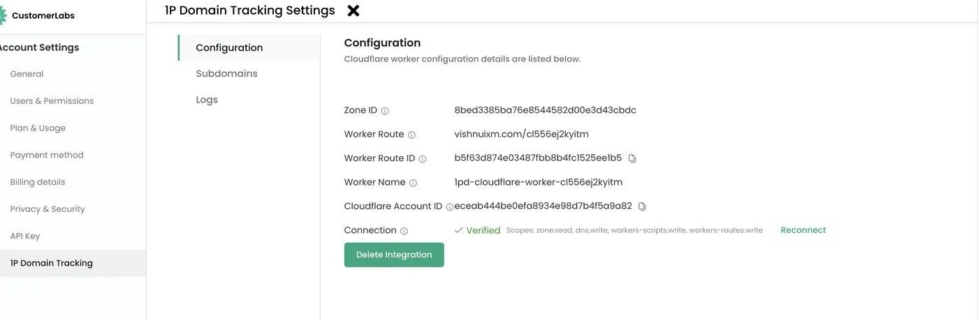 Configuration tab showing the Cloudflare worker details, Verified connection status, and Reconnect button