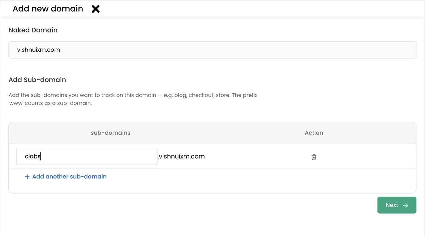 Add sub-domain step listing the sub-domains to track on the domain
