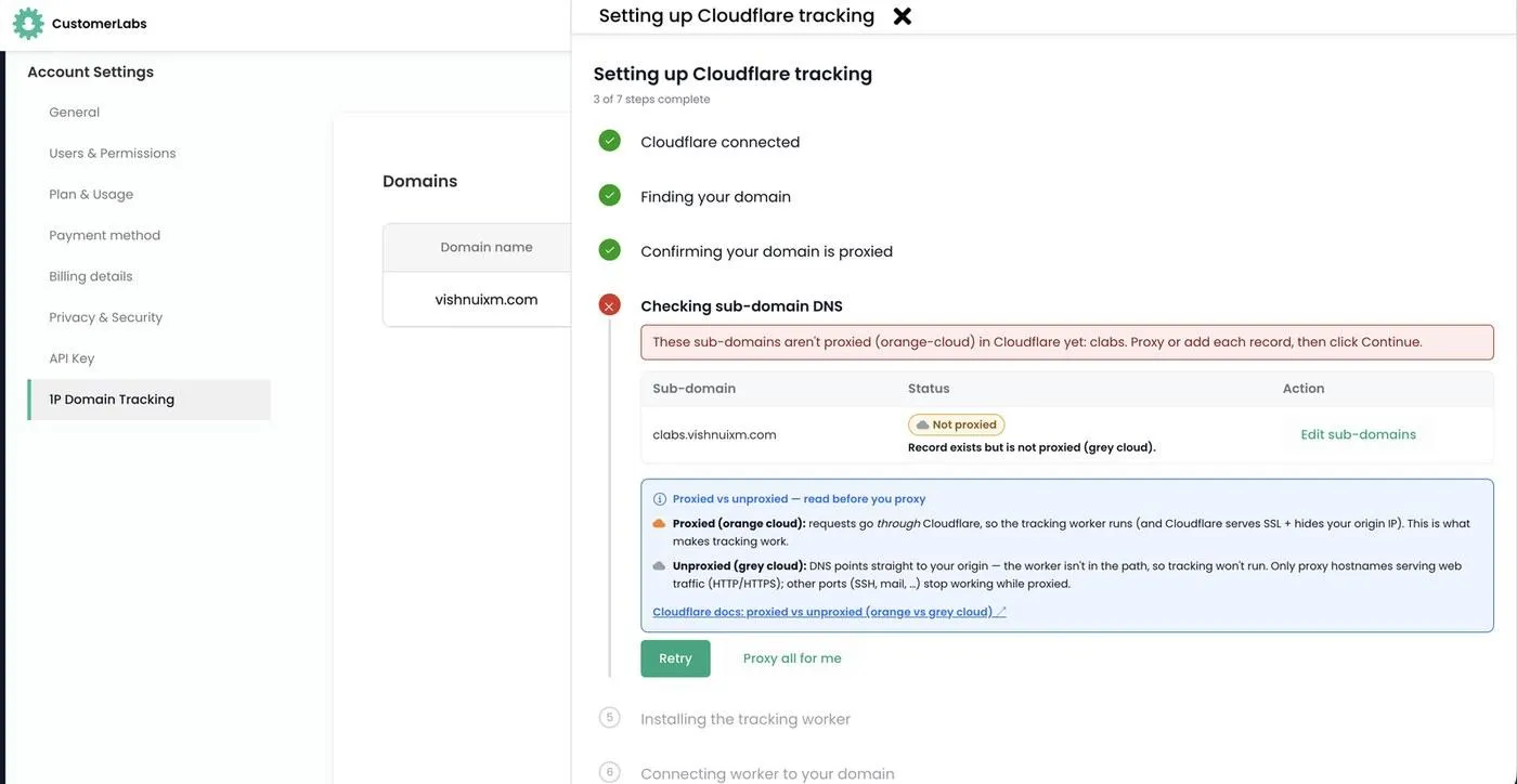Checking sub-domain DNS step flagging an unproxied sub-domain with Retry and Proxy all for me buttons