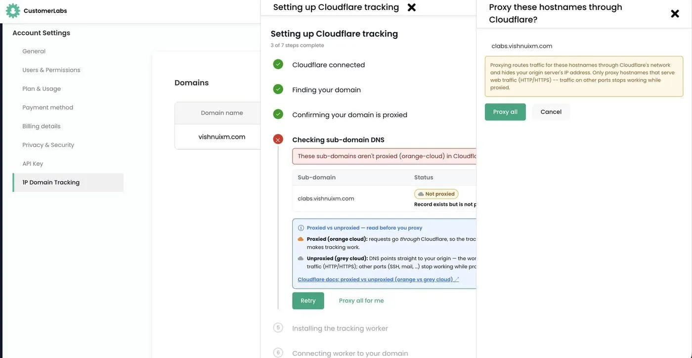 Confirmation dialog asking to proxy the listed hostnames through Cloudflare