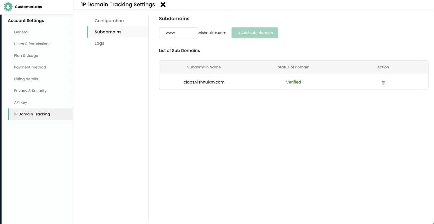 Subdomains tab in the 1P Domain Tracking Settings flyout listing sub-domains and their status