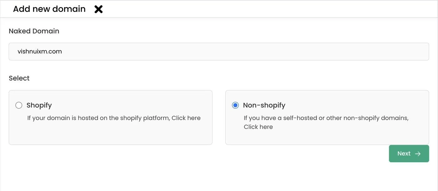 Add new domain dialog with the naked domain entered and Non-shopify selected