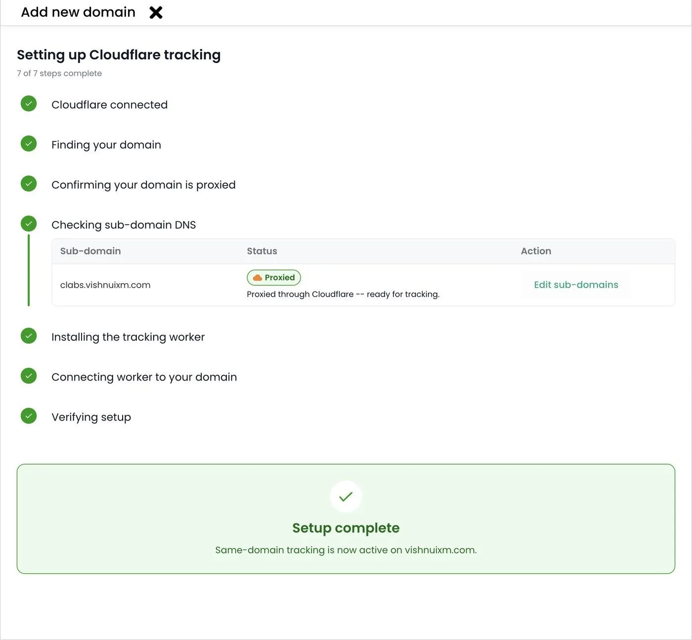 Setup complete screen with all seven steps checked and same-domain tracking active