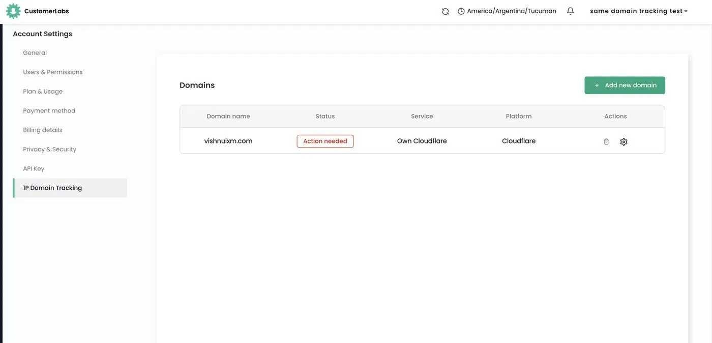 Domains list in 1P Domain Tracking showing a domain with the Action needed status