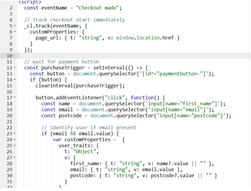 Example JavaScript snippet mapping checkout fields utilizing querySelector