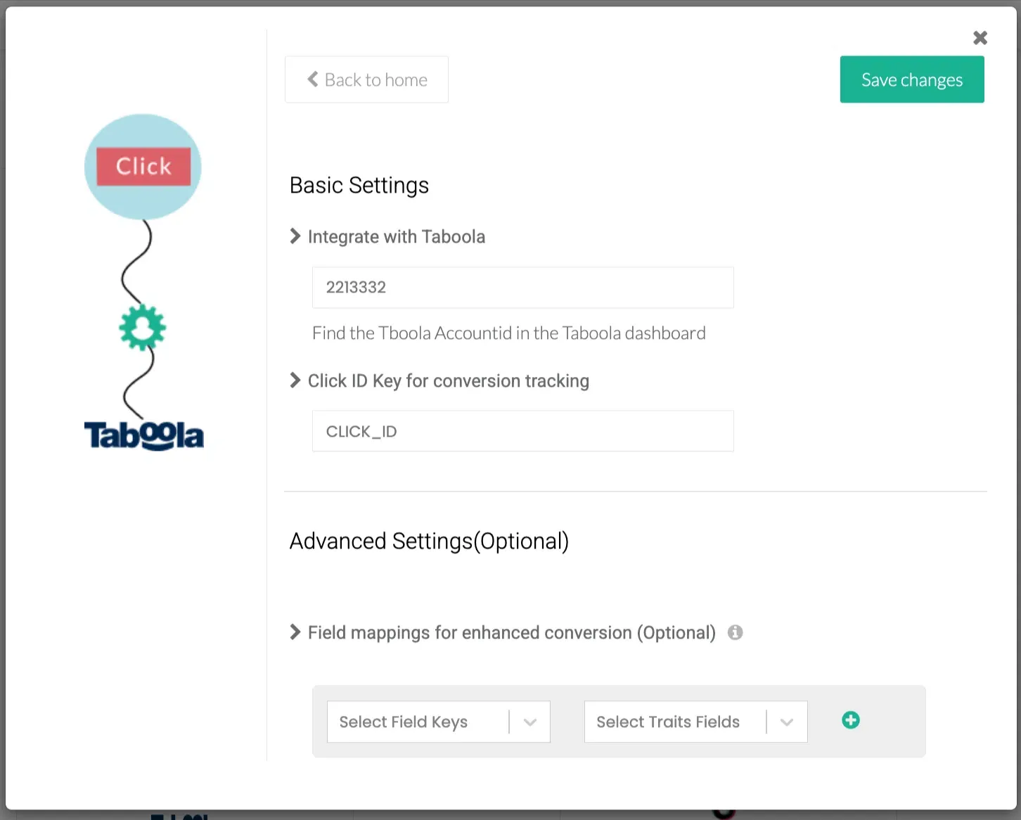 Taboola Configuration Settings in CustomerLabs