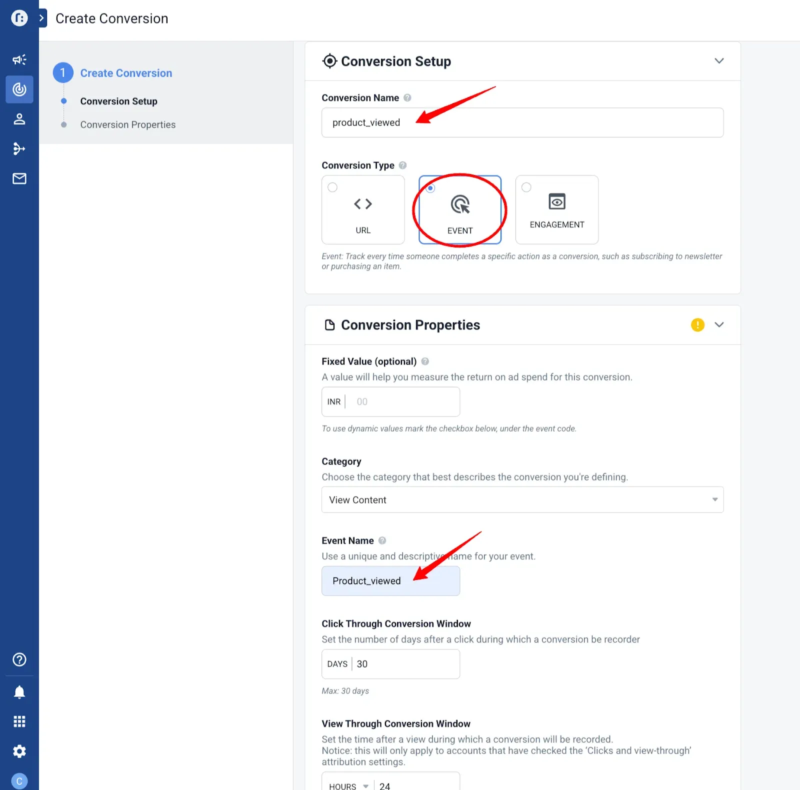 Create Conversion in Taboola — Event Name must match CustomerLabs