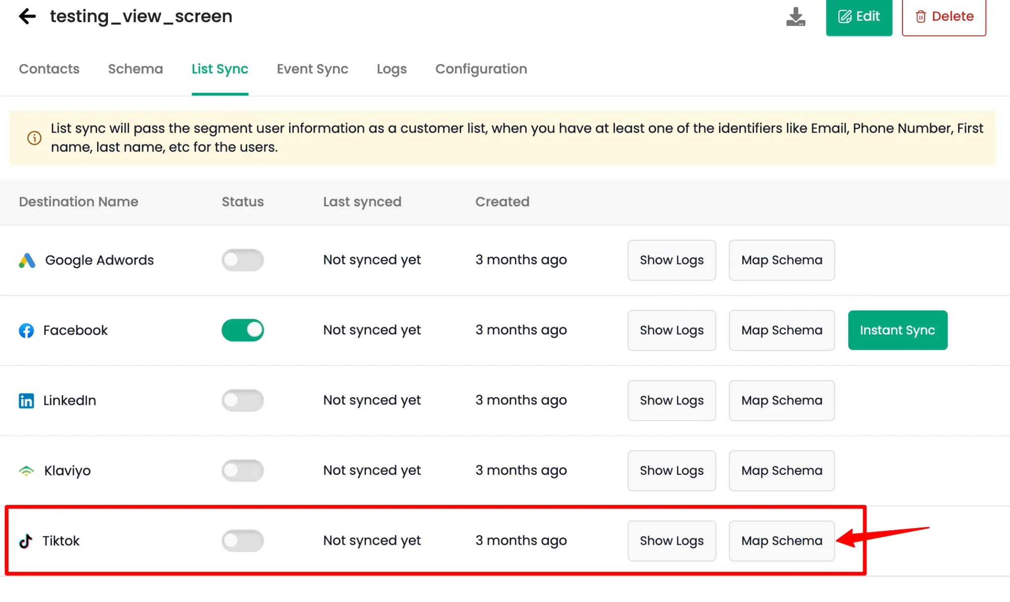 List Sync Settings Tab