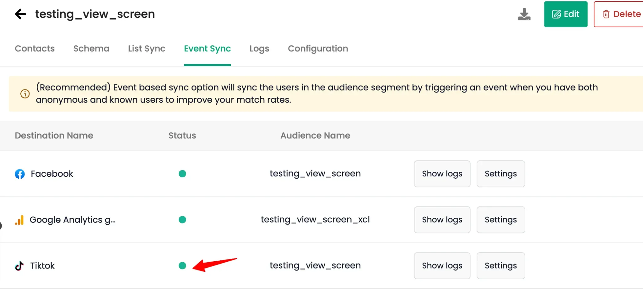Event Sync Settings Tab