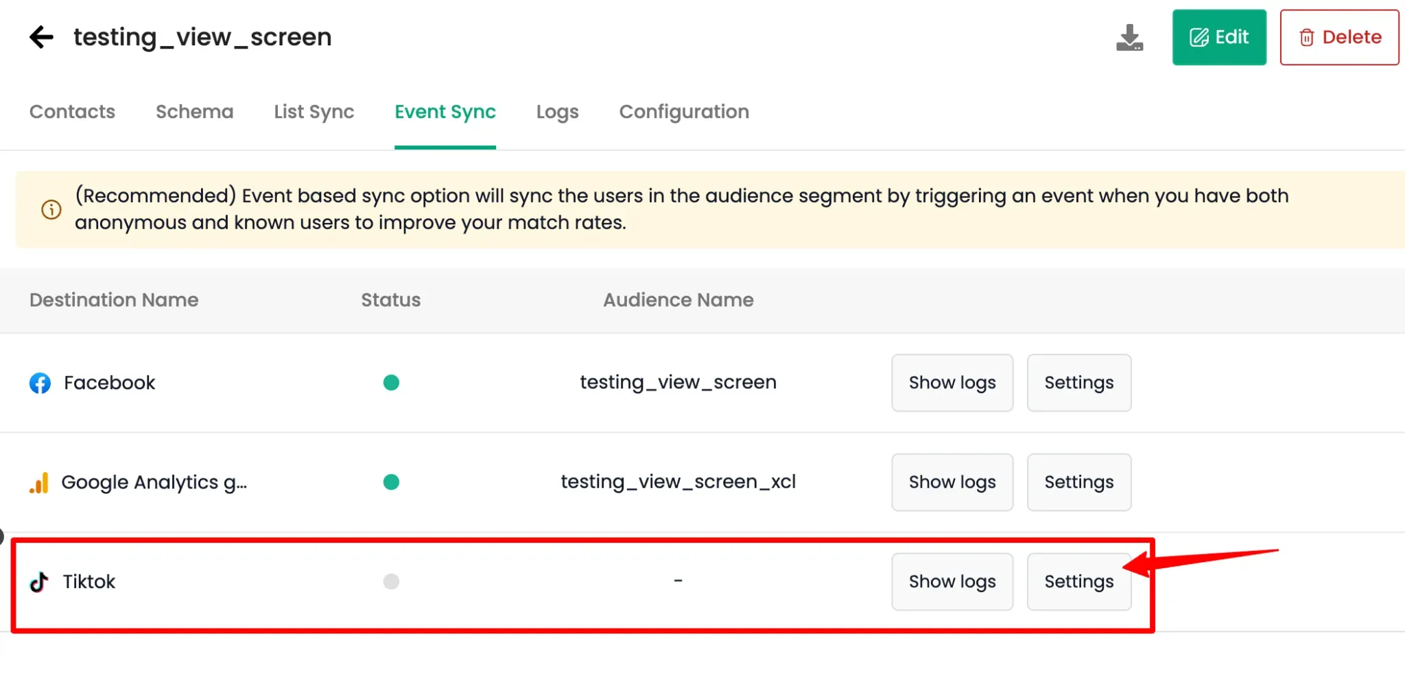Event Sync Settings Tab