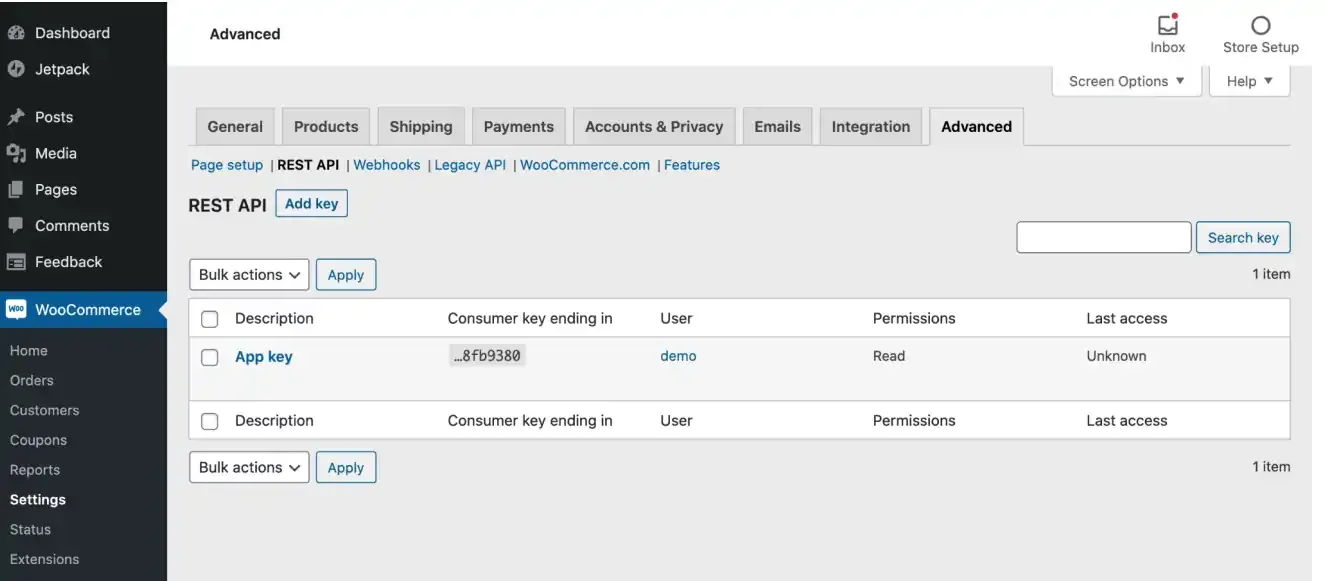 WooCommerce REST API key generation