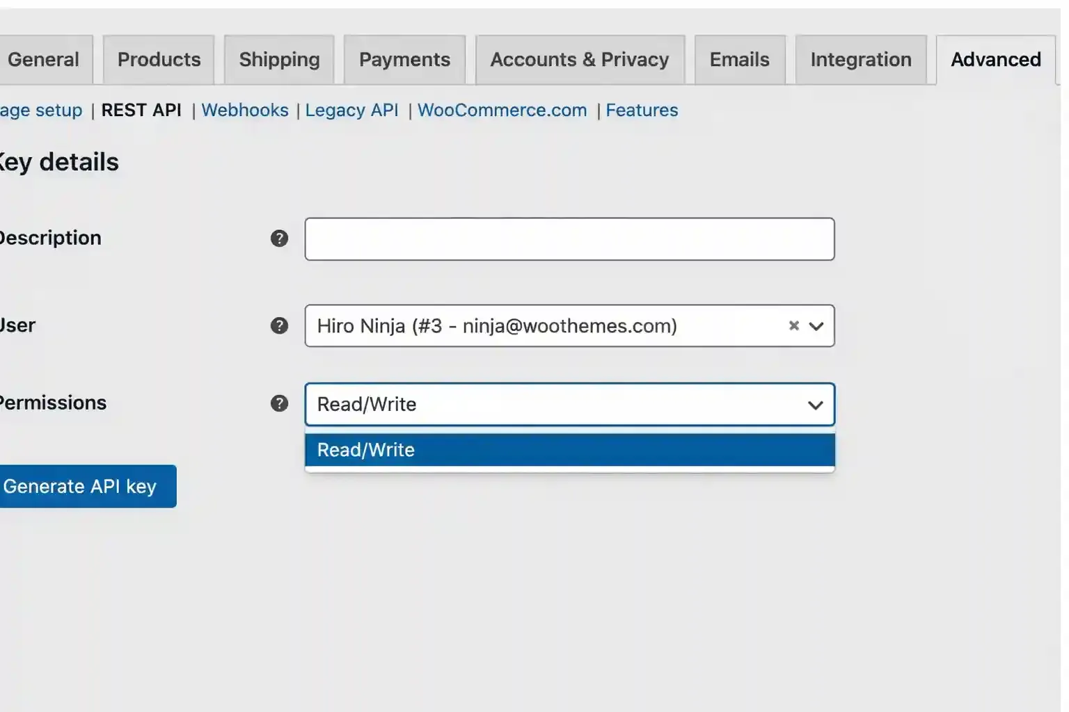 WooCommerce REST API key generation