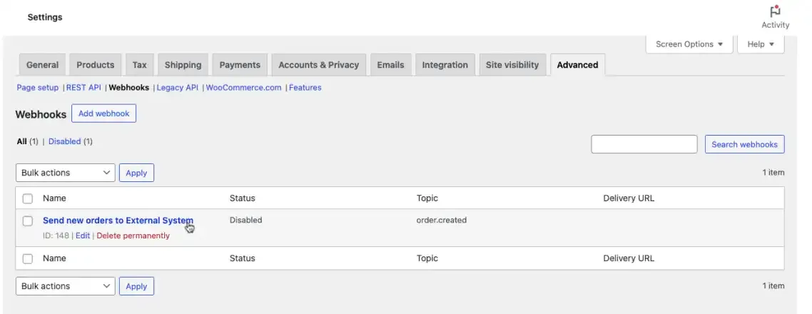 WooCommerce webhook configuration verification