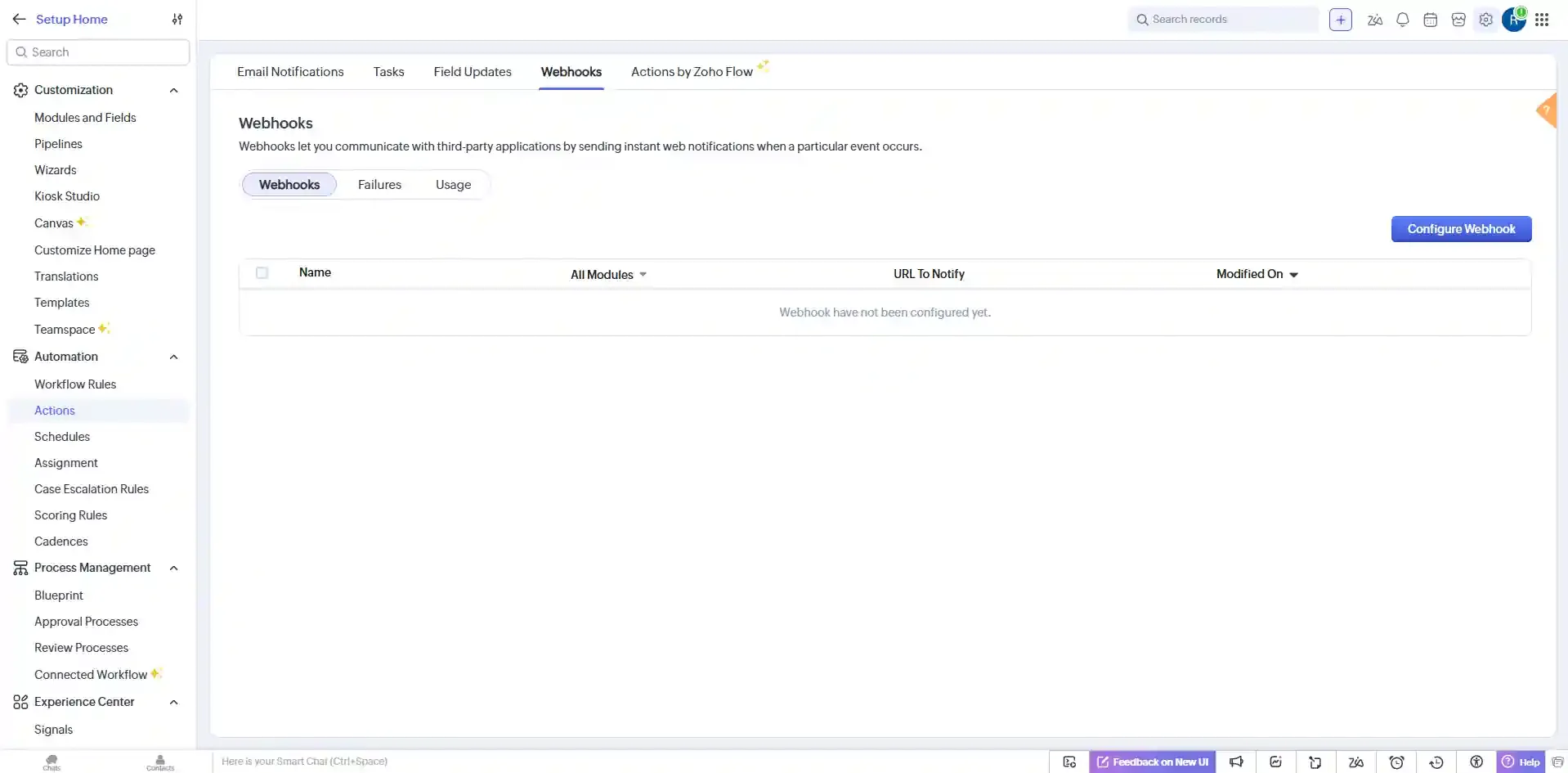 Zoho CRM Webhooks page - Configure Webhook button