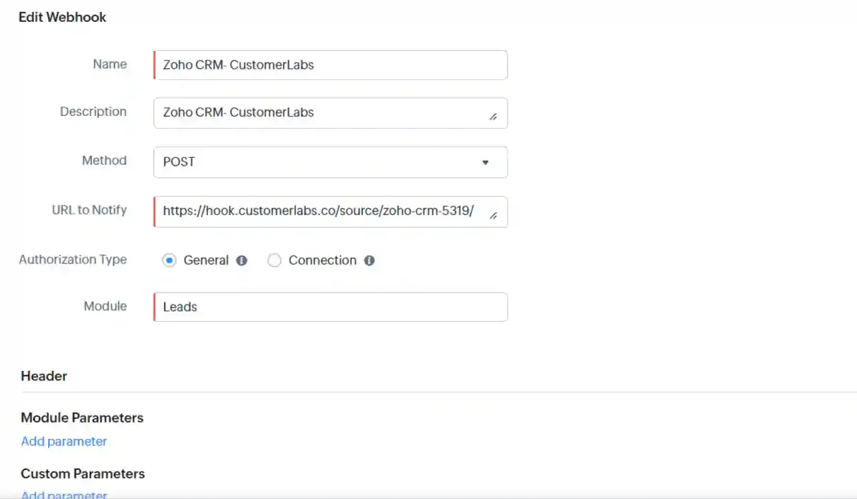 Zoho CRM webhook configuration form