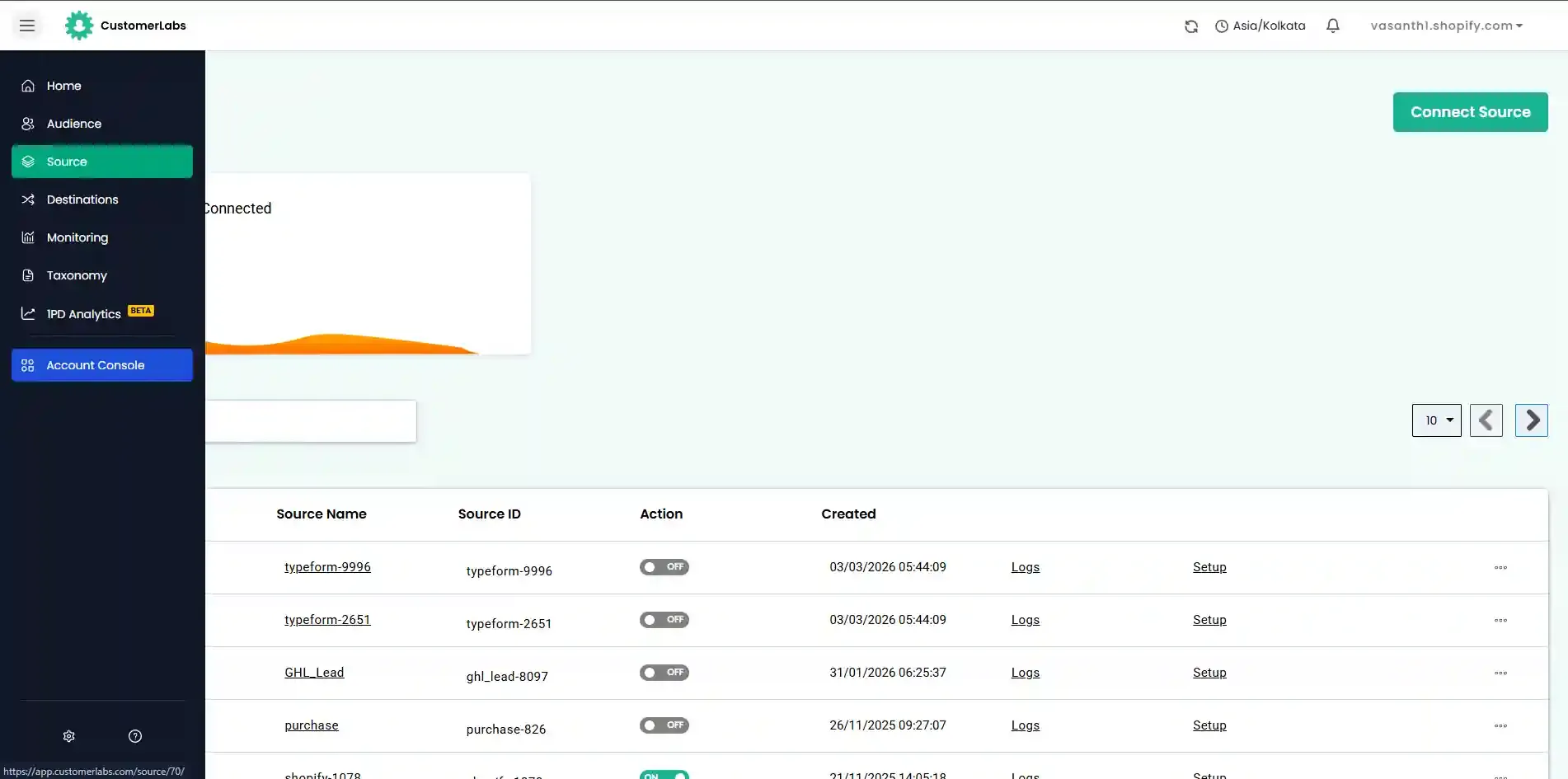 CustomerLabs Sources page