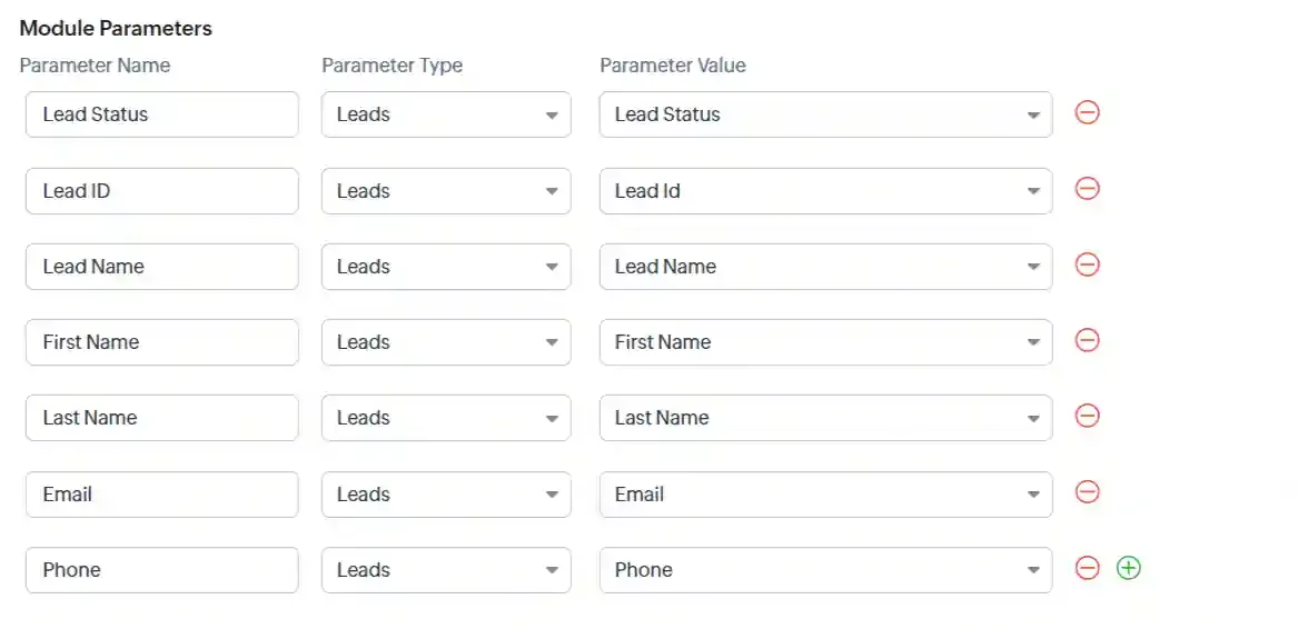 Zoho CRM webhook module parameters configuration