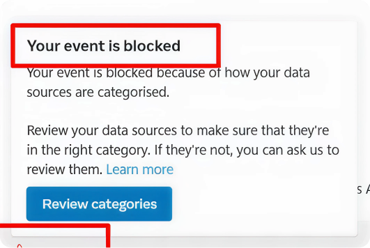 Meta event manager dashboard showing a blocked Purchase event because Meta flagged PHI in product URLs.