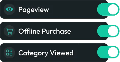 Pageview, Offline Purchase, and Category Viewed event toggles — each active and routing to platforms