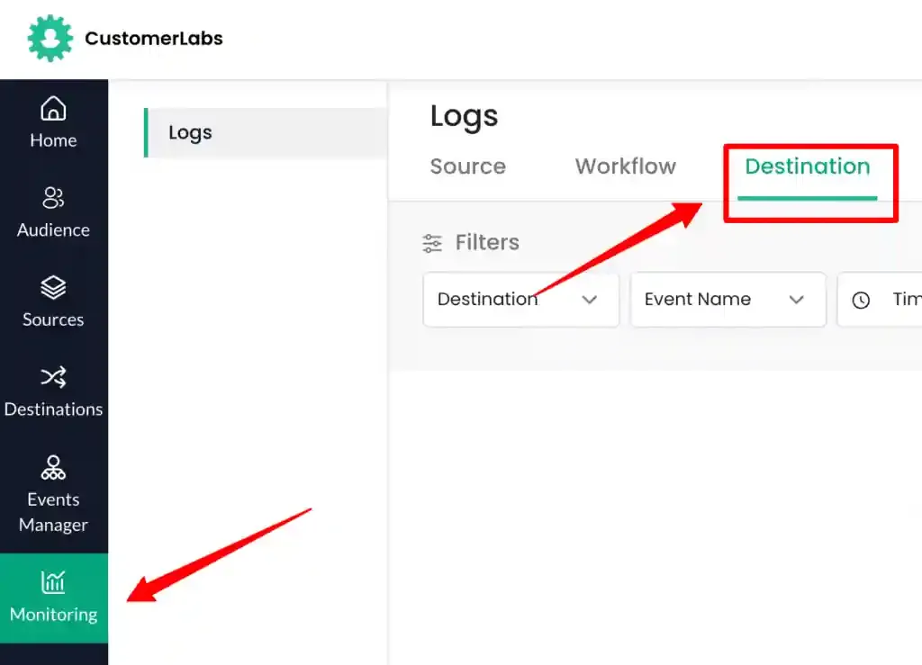 Accessing Destination Logs through Monitoring menu