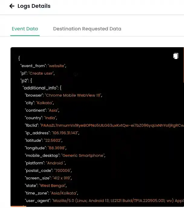 Destination Requested Data JSON view