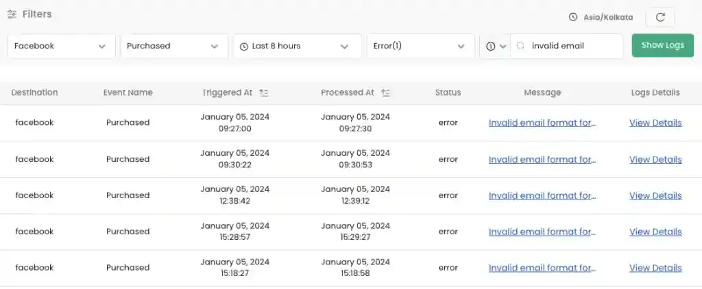 Error message link in table
