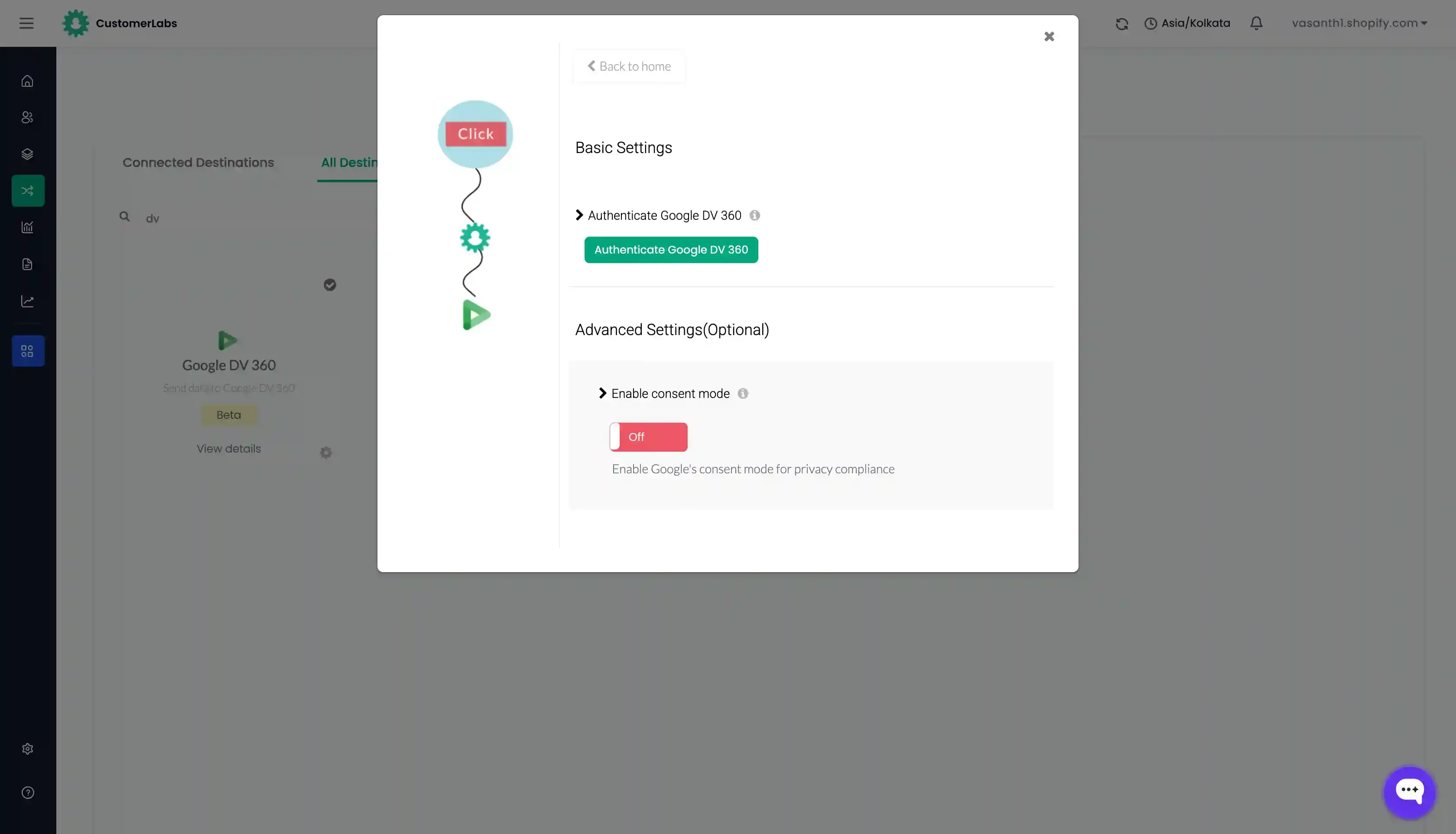 Consent settings toggle for Google DV360 in CustomerLabs