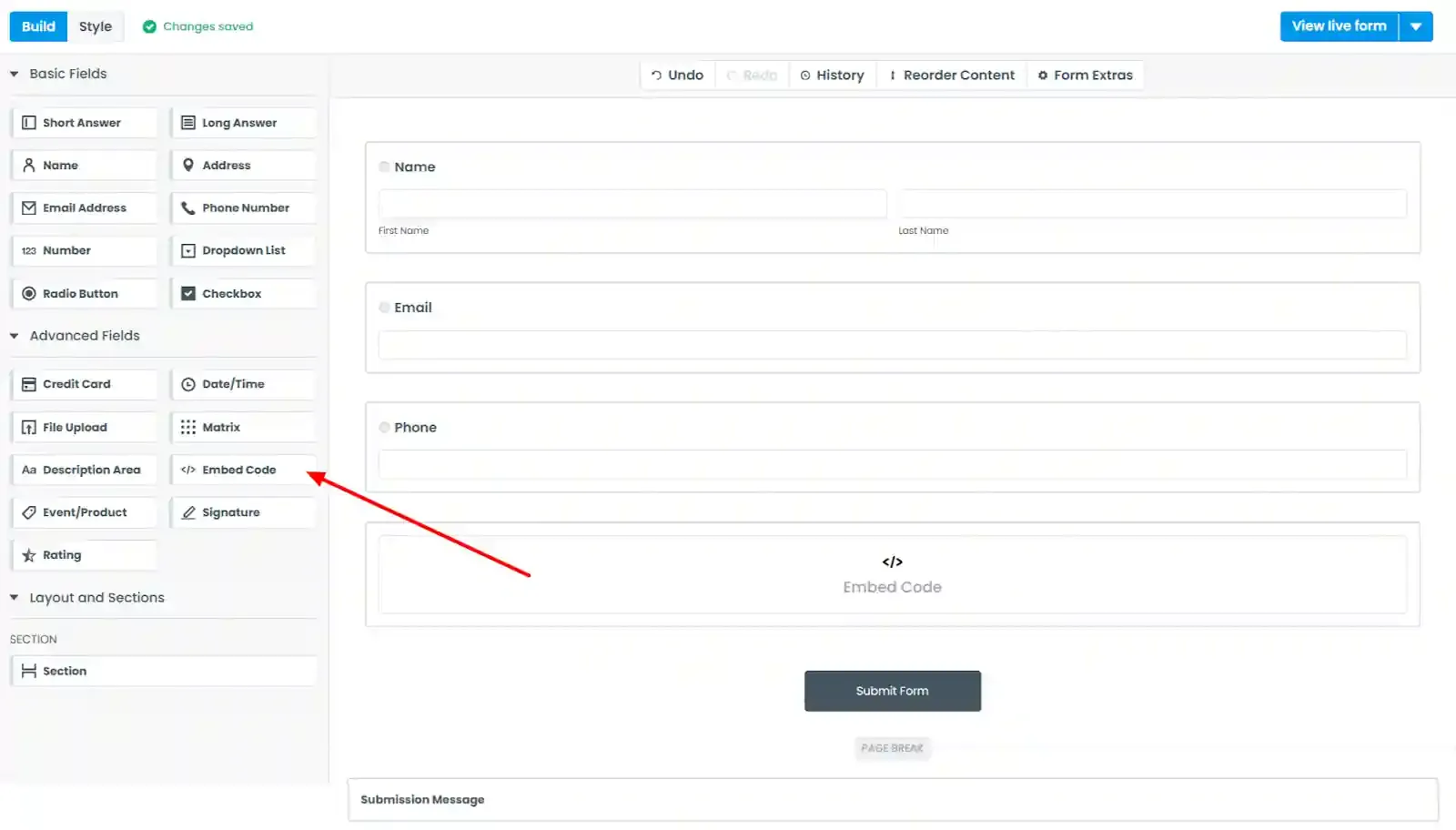 formstack form with embed code section