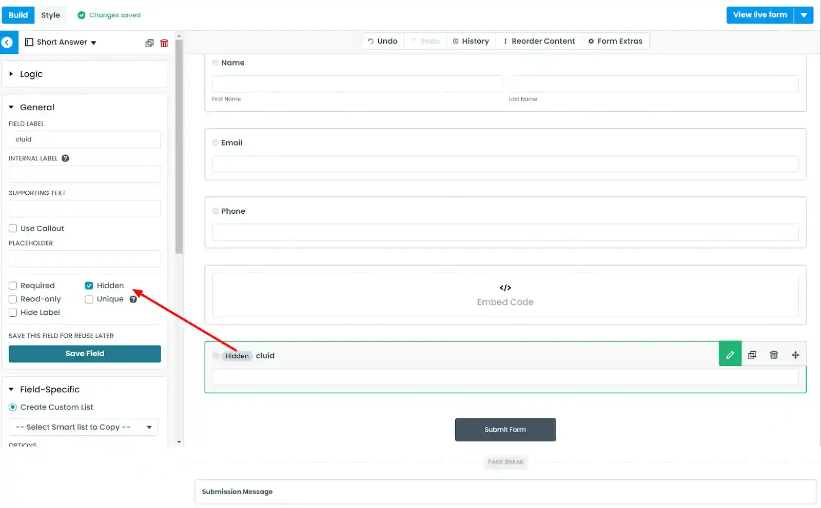 creating hidden field in formstack form