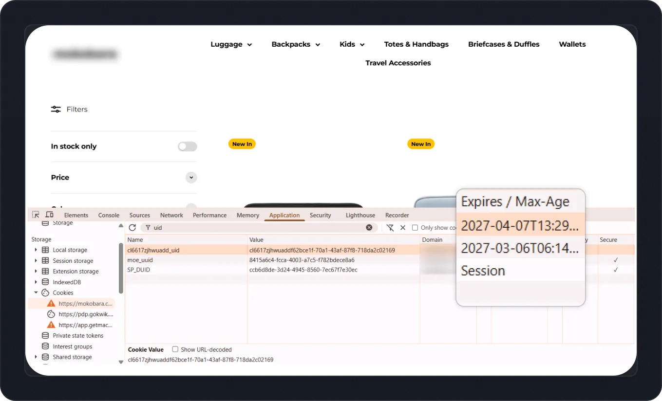Browser developer tools showing server-side cookie with Expires date of 2027 and Max-Age on a travel accessories store — confirming first-party domain persistence