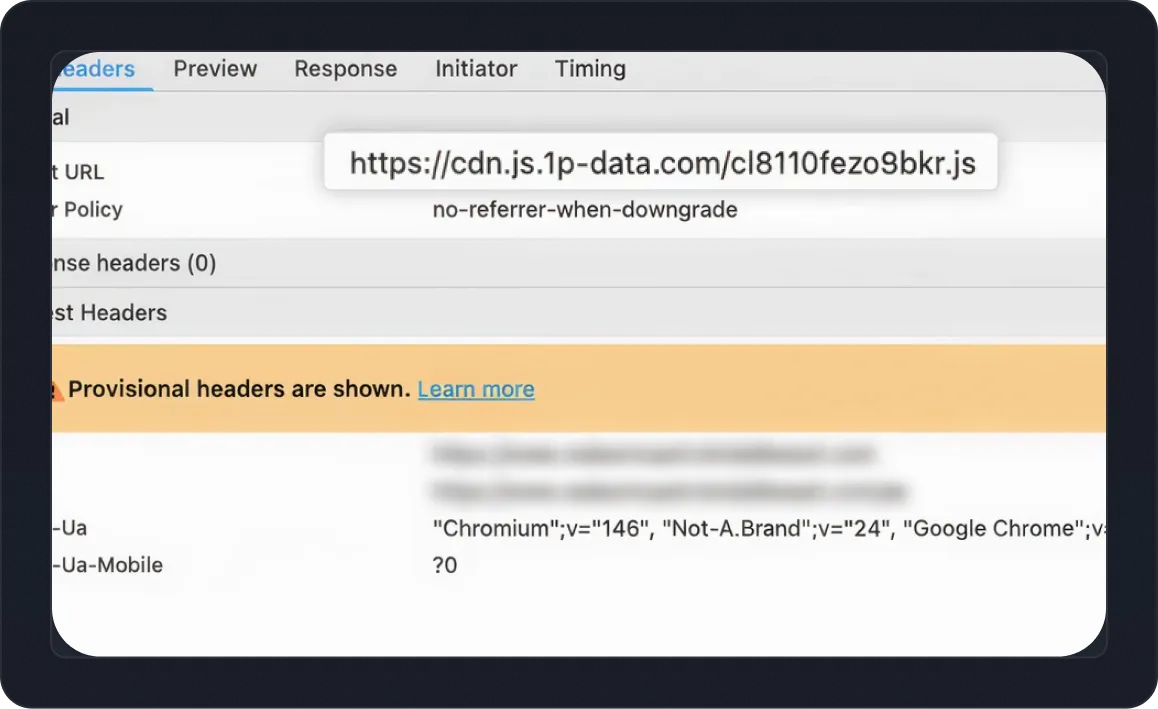 Browser network request headers showing 1P domain tracking script loading from cdn.js.1p-data.com with no-referrer-when-downgrade policy