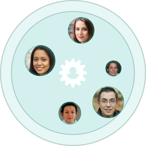 Unified user profiles with gear icon showing deduplication into one profile per person
