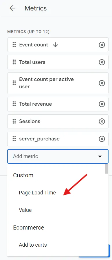 This image shows the Add metric and shows value button