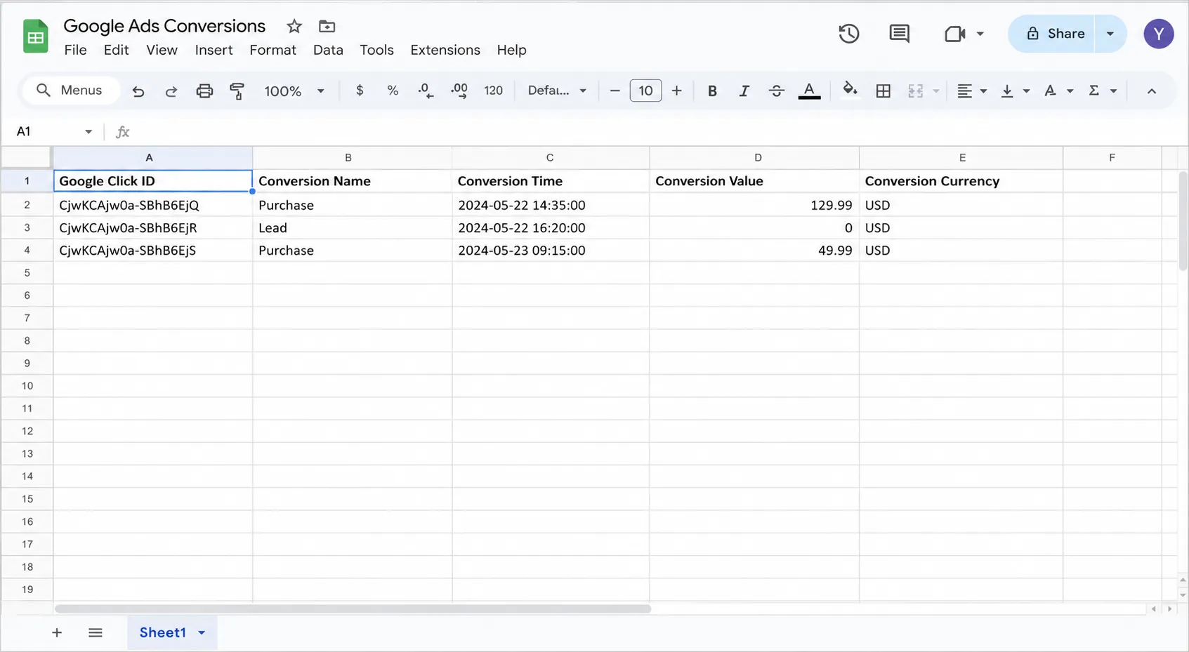 Google click id with conversion names