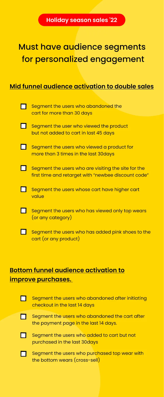 The Checklist : Must have audience segments for personalized engagement - Holiday season sales '22 The Checklist : Must have audience segments for personalized engagement - Holiday season sales '22