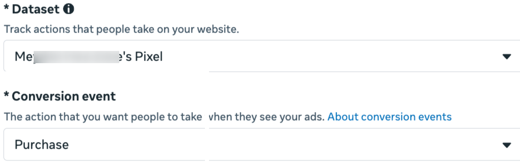 Meta ad set Conversion event set to Purchase