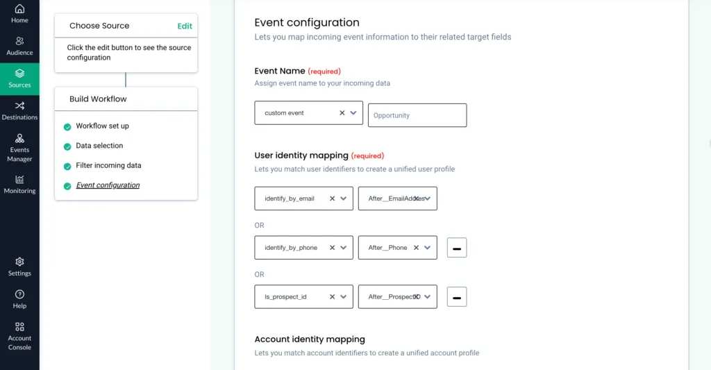 This screenshot shows how to configure a event using Customerlabs 1PD Ops