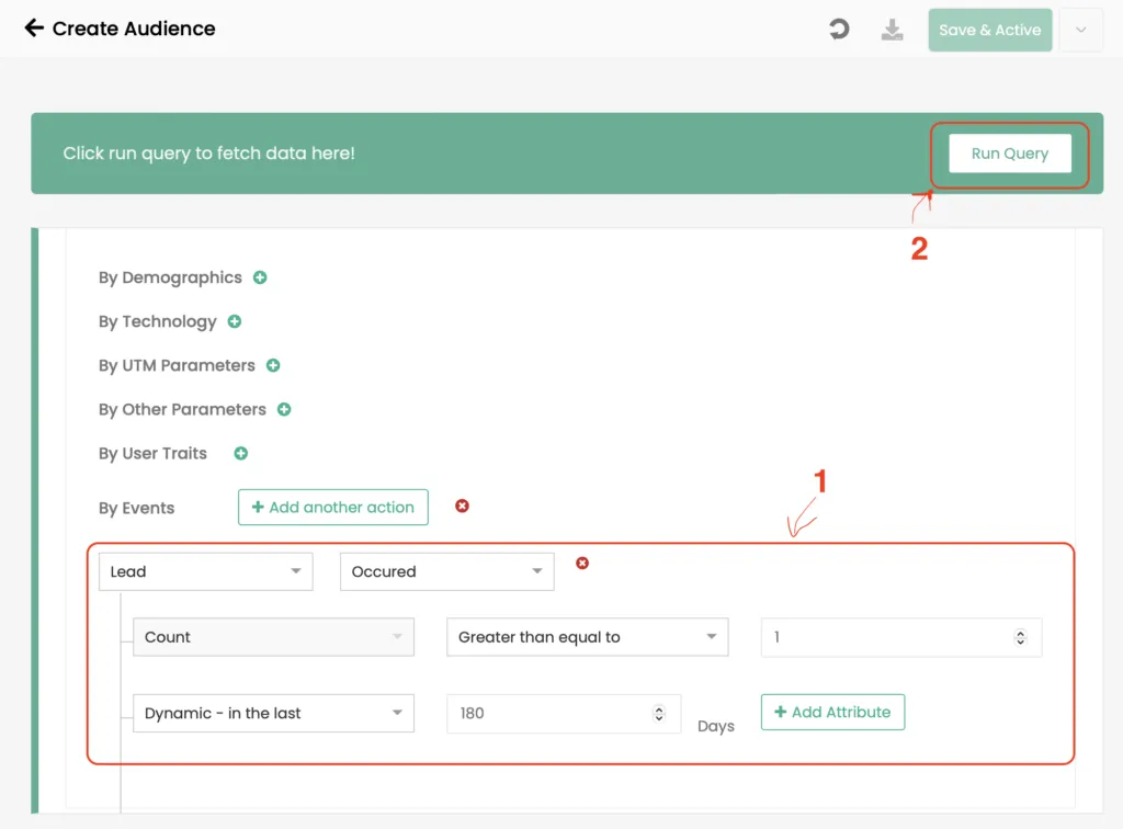 This screenshot shows how to create audience using Customerlabs 1PD Ops