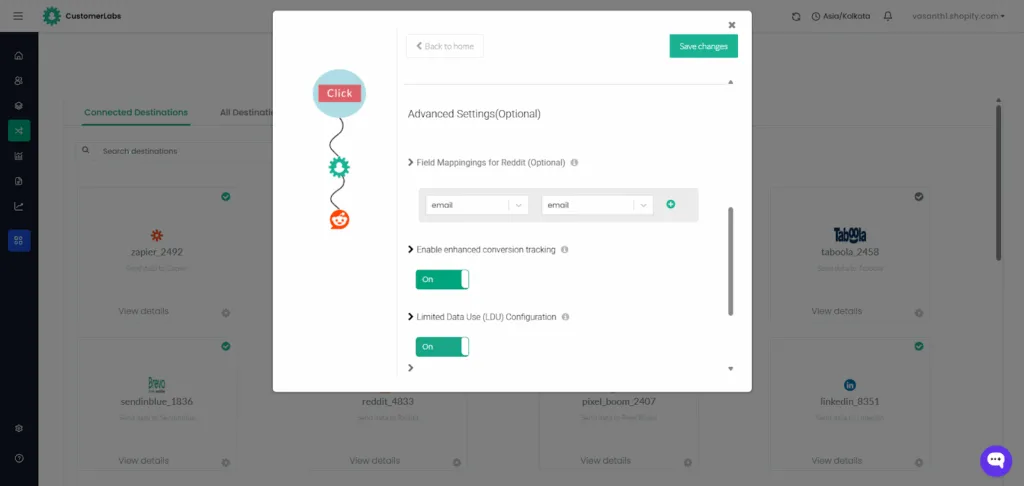 CustomerLabs Reddit integration Advanced Settings screen with both enhanced conversion tracking and Limited Data Use configuration toggled on.”