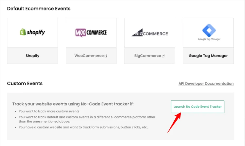 This screenshot shows to click the launch no code event tracker