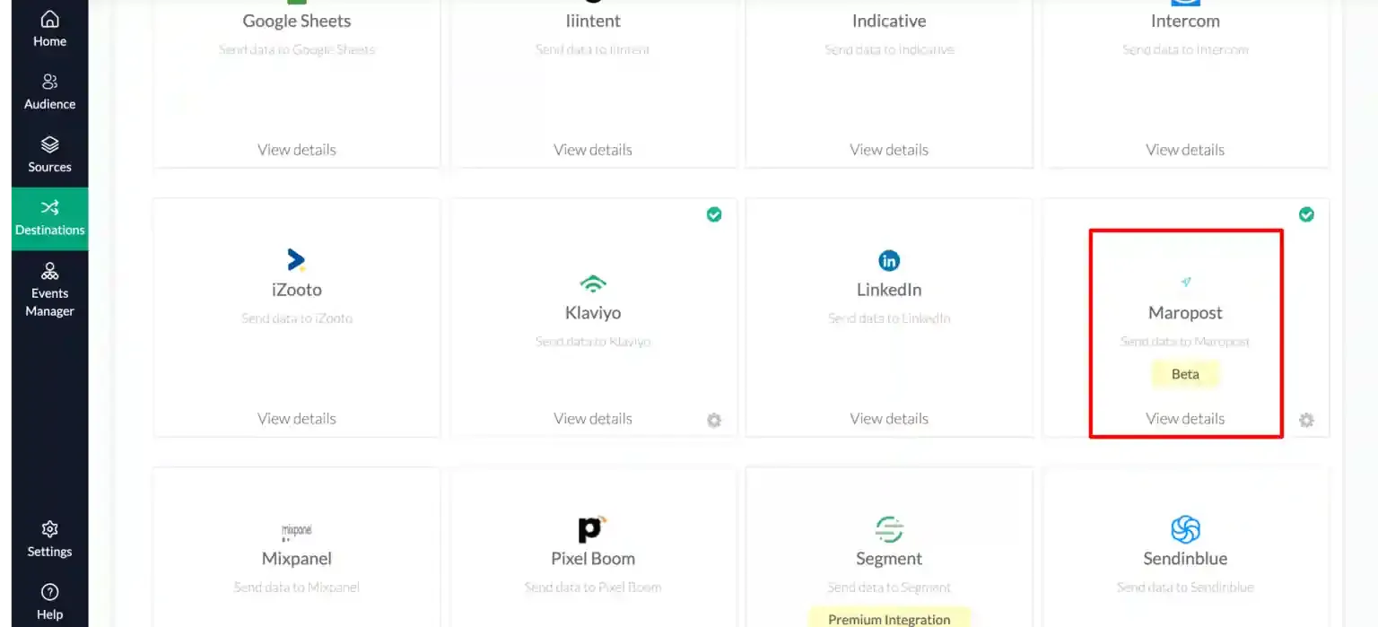 Maropost listed under All Destinations in CustomerLabs