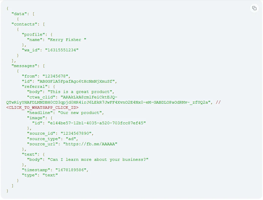Meta event sample data for CTWA