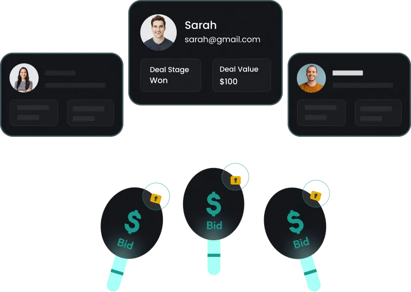 Sarah profile card with deal value flowing through CustomerLabs to value-based bid icons