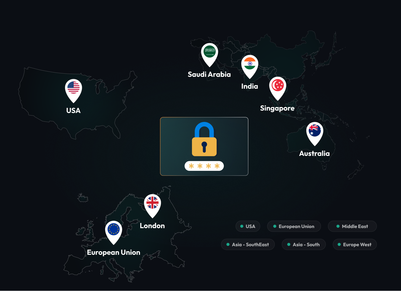 World map showing CustomerLabs data-residency regions — USA, European Union, London, Saudi Arabia, India, Singapore, and Australia — anchored to a central padlock representing privacy compliance.