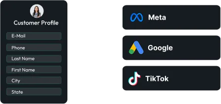 Customer profile fields (email, phone, last name, first name, city, state) hashed and routed to Meta, Google, and TikTok