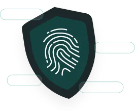 A fingerprint security shield surrounded by protected PII field chips — first name, email, phone, last name
