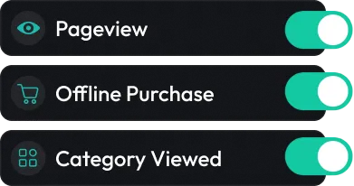 Pageview, Offline Purchase, and Category Viewed events all toggled on for restricted categories