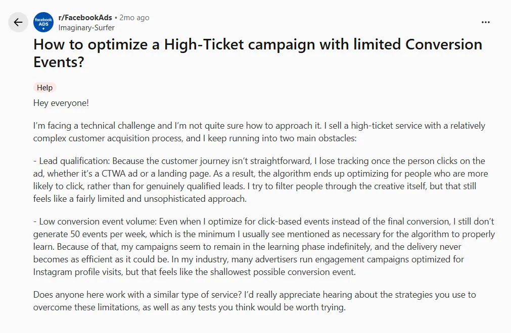 Reddit screen of CTWA ads optimization for high-ticket services