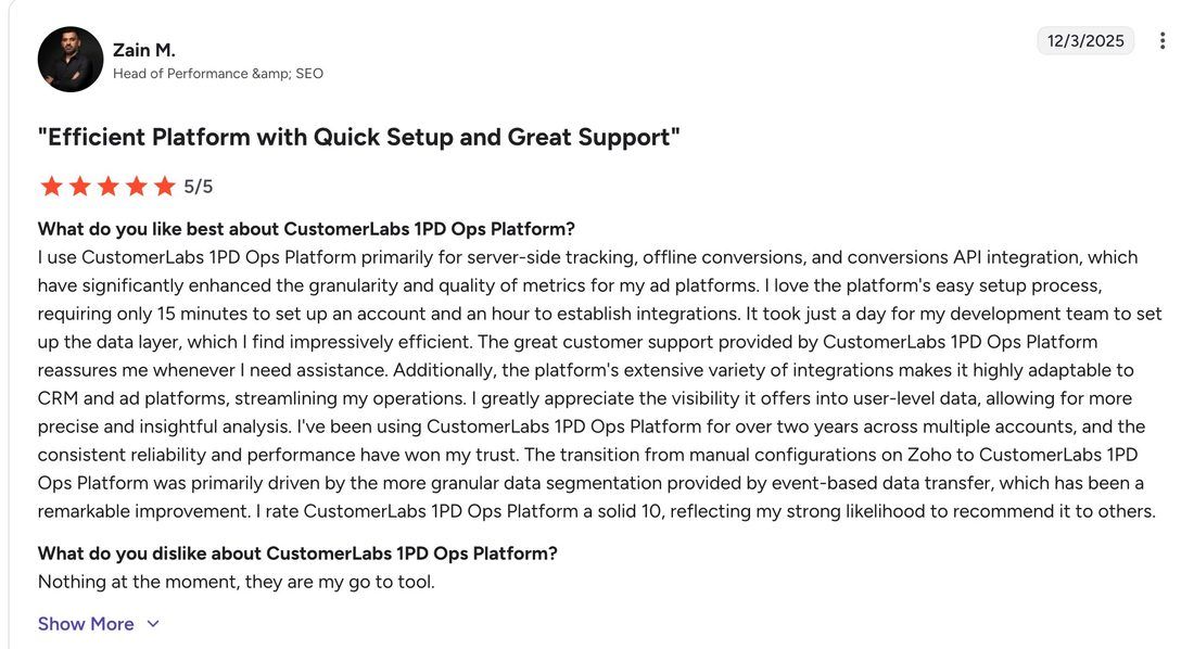 Zain M., Head of Performance and SEO, 5 out of 5 review
