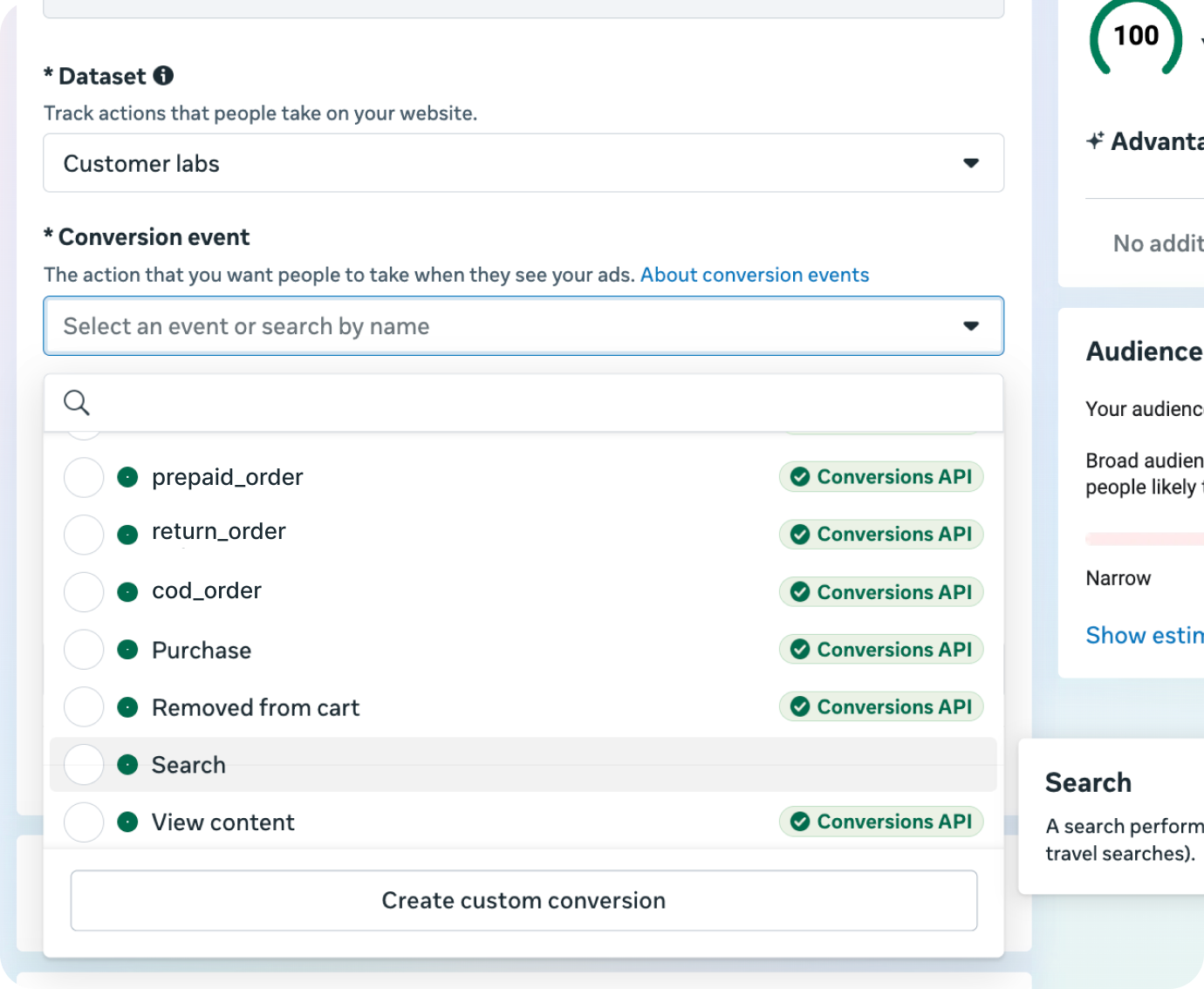 Google Ads conversion event picker showing custom events prepaid_order, return_order, cod_order alongside default Purchase, Removed from cart, Search, and View content events — all tagged as Conversions API.